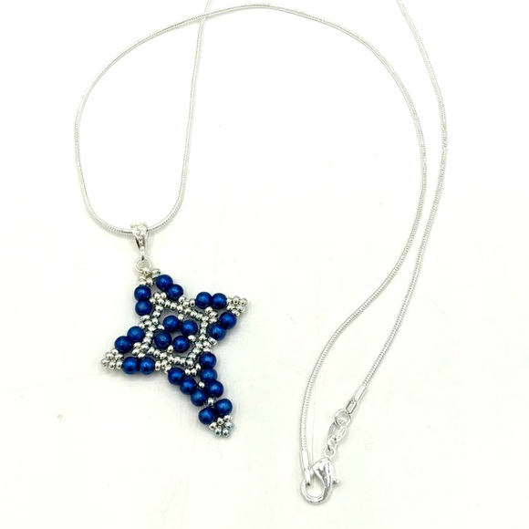 Hand Crafted Jewelry - Hand Crafted Blue Pearl Cross Pendant Necklace